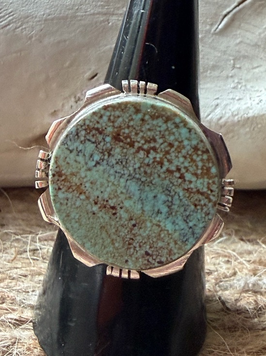 Native American Jewelry - Ben Begay Number 8 Turquoise Stone Statement Ring - Blue-Green Round Cabochon